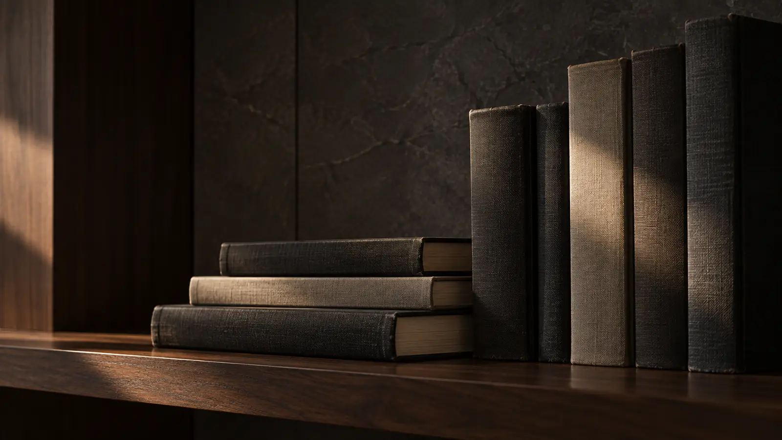 Libri senza titoli su una mensola di noce attraversati da luce radente.