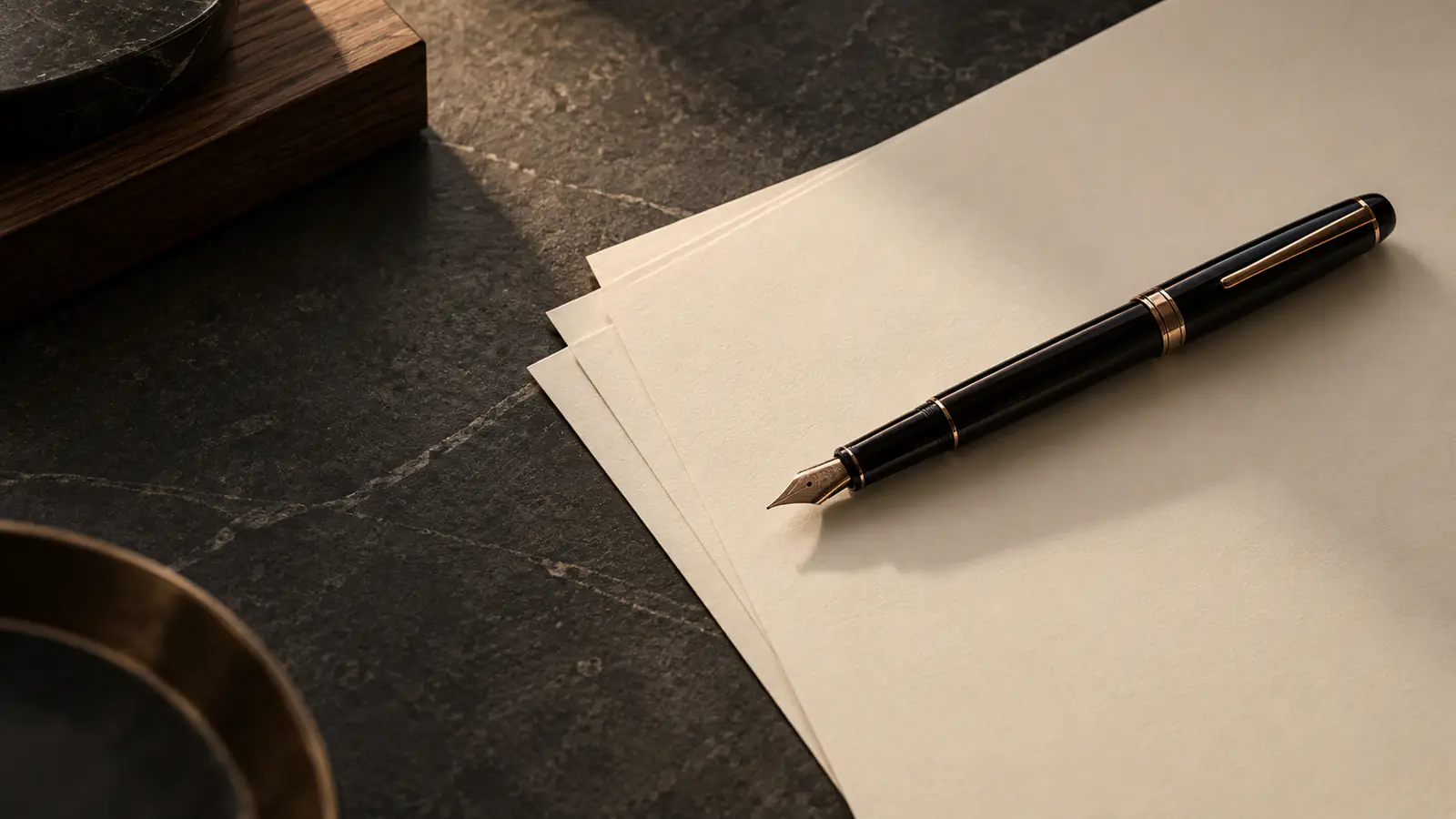 Penna stilografica scura appoggiata su fogli avorio completamente bianchi.