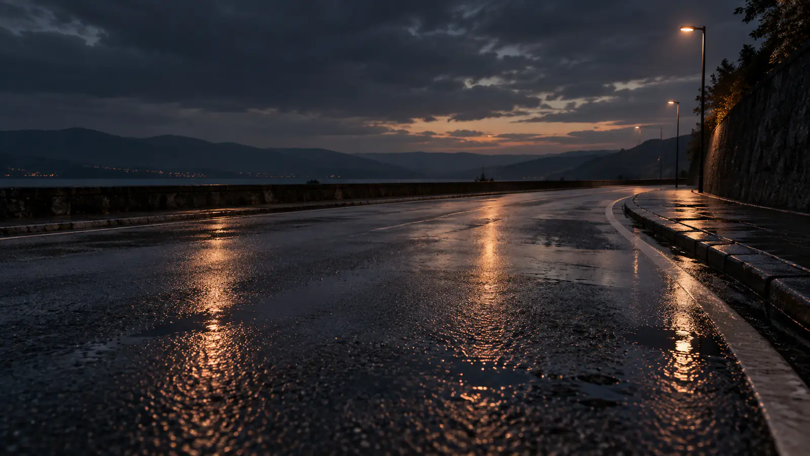 Strada vuota bagnata dalla pioggia al crepuscolo con riflessi di luce calda.